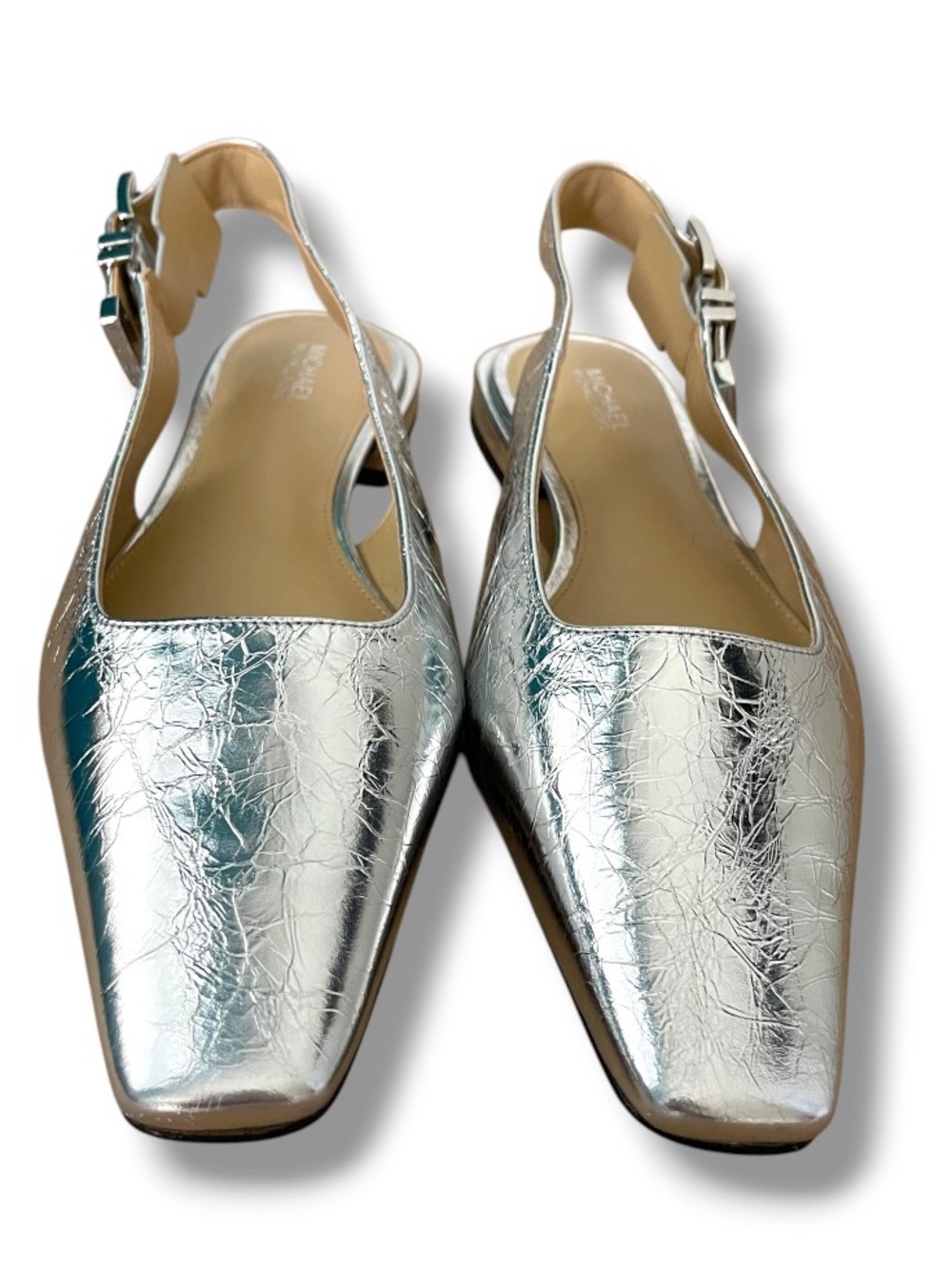Michael Kors Silver Slingback Flats 7.5M Metallic Crackle Leather Pointed Toe - Picture 5 of 10